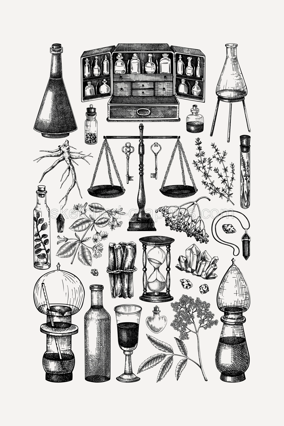 Boho witchcraft poster design template. Vintage Halloween background. Witch sketches. Hand-drawn vector illustration for print. Antique apothecary wall art.  NOT AI generated Illustration